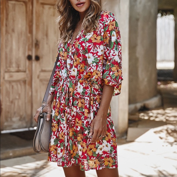 ♦️Floral Lace Tie Waist Ruffled Dress Red - Picture 2 of 6